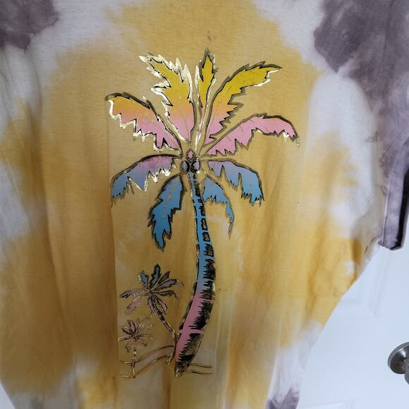 Village Mews Vintage Yellow Tie Dye T Shirt Yellow Grey Palm Tree OSFM - Picture 3 of 8